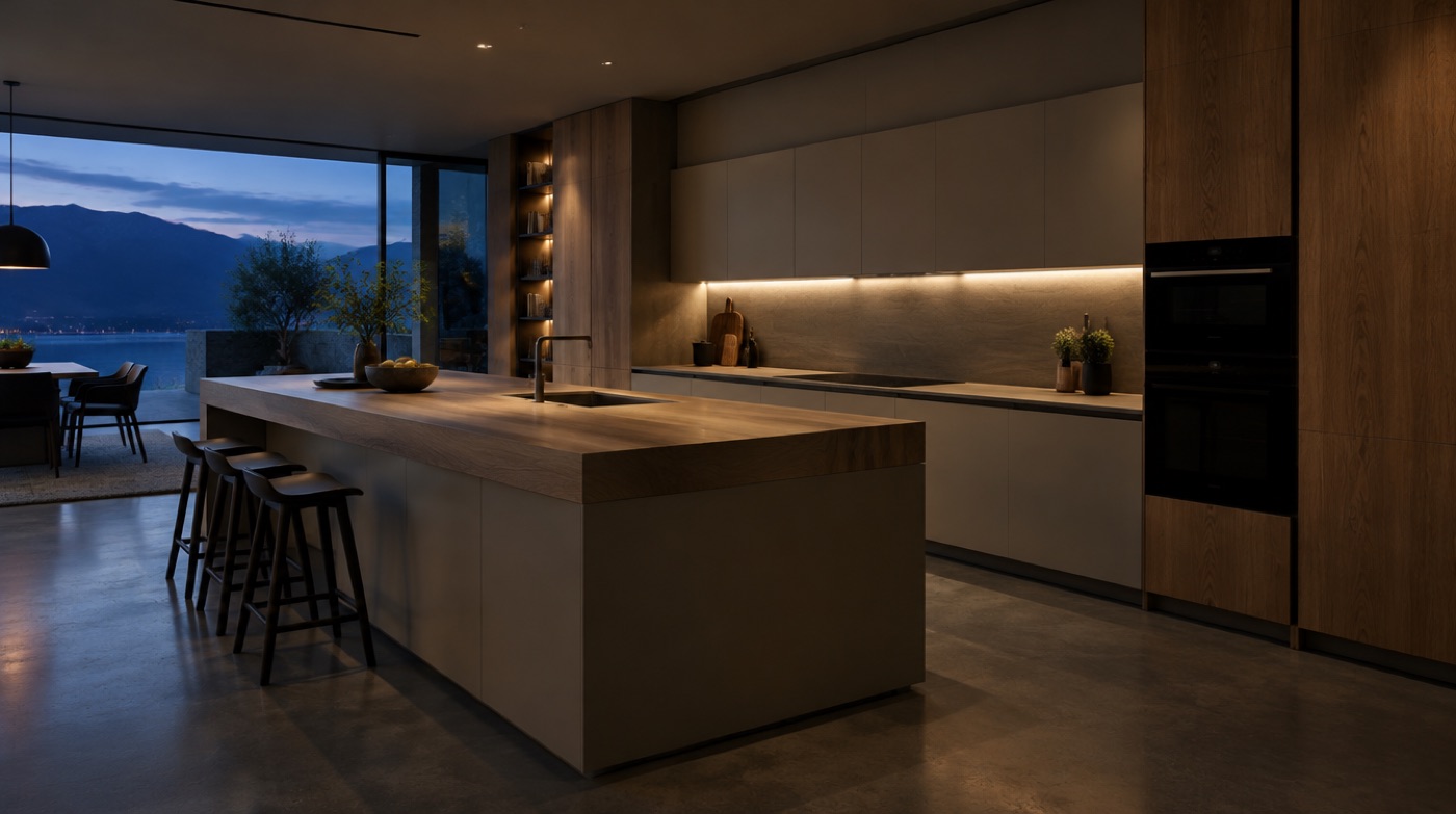 Cucina su misura con ante laccate in MDF e colonne in rovere