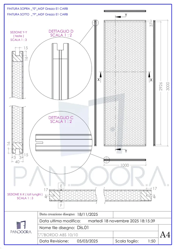 Disegno tecnico Dis.01 — Pannelli tamburati · Pan.door.a