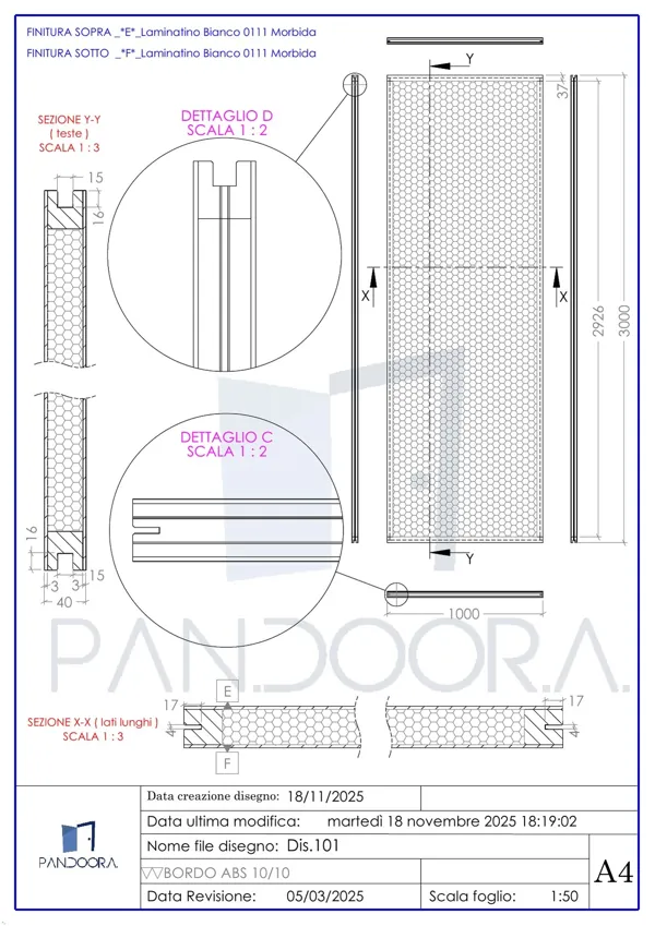 Disegno tecnico Dis.101 — Pannelli laminati · Pan.door.a