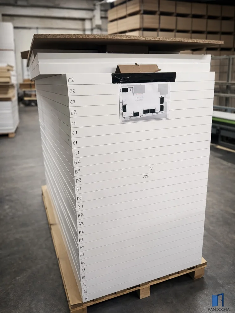 Booth panels numbered to the installation drawing so the I&D crew can assemble them in order