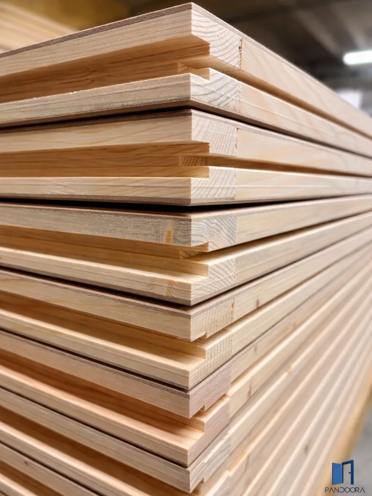 Finger-jointed spruce frame and honeycomb core of a Pan.door.a booth panel before pressing