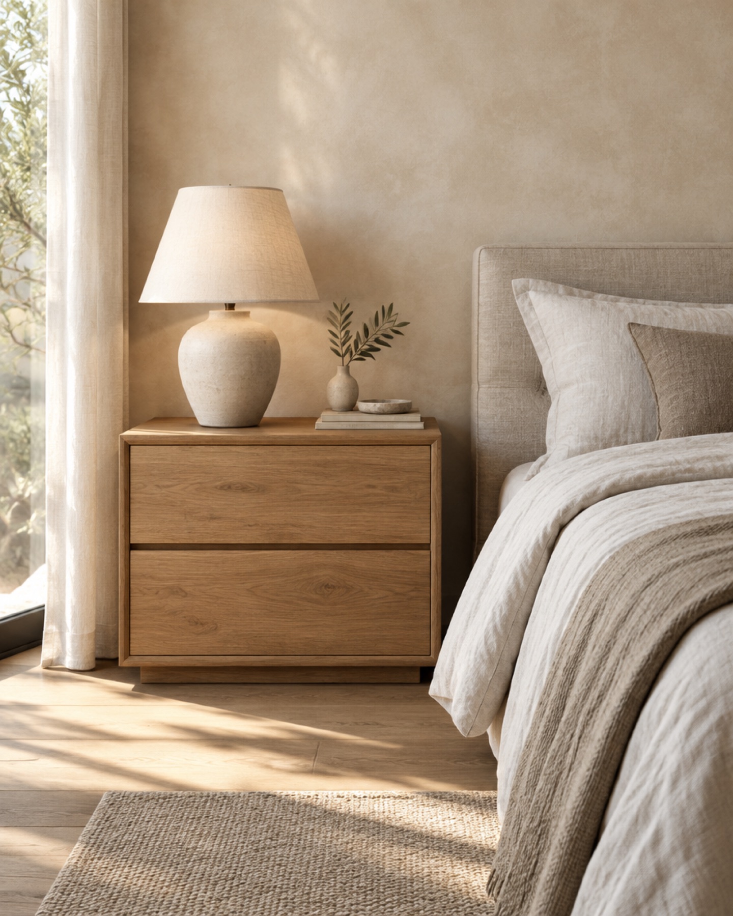 Comodino in rovere in camera da letto